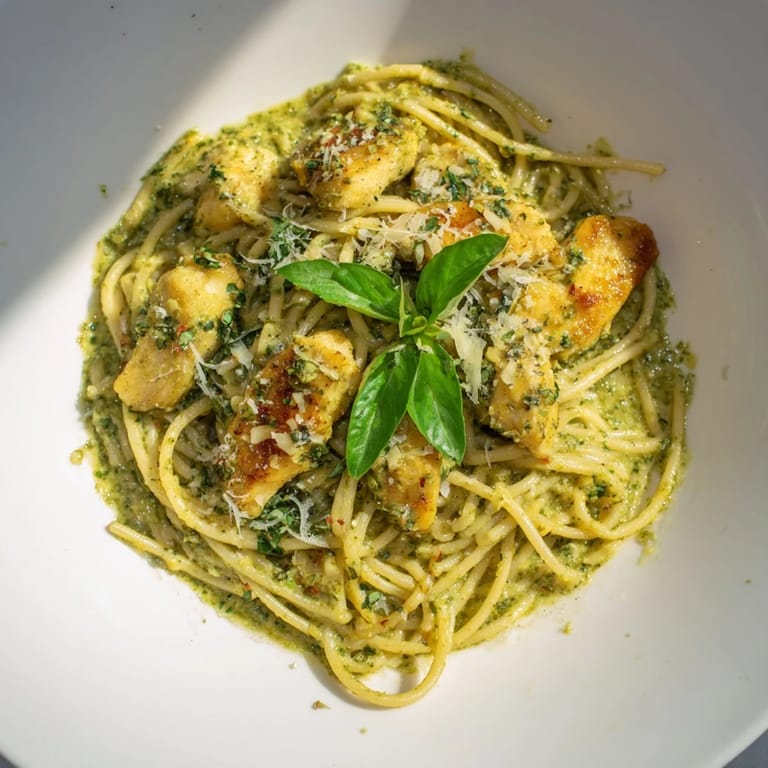 A bowl of flavorful pesto egg and chicken pasta with torn basil; ready to impress.