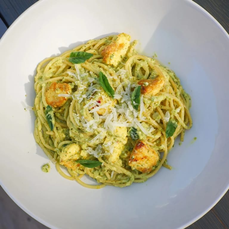 Golden chicken nestled in pesto egg pasta, a comforting Italian-American dish, ready to savor.