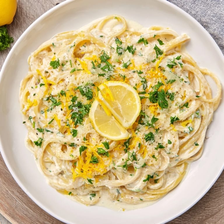 Close-up of Lemon-Garlic Greek Yogurt Pasta, a quick and satisfying vegetarian meal, ready to serve.