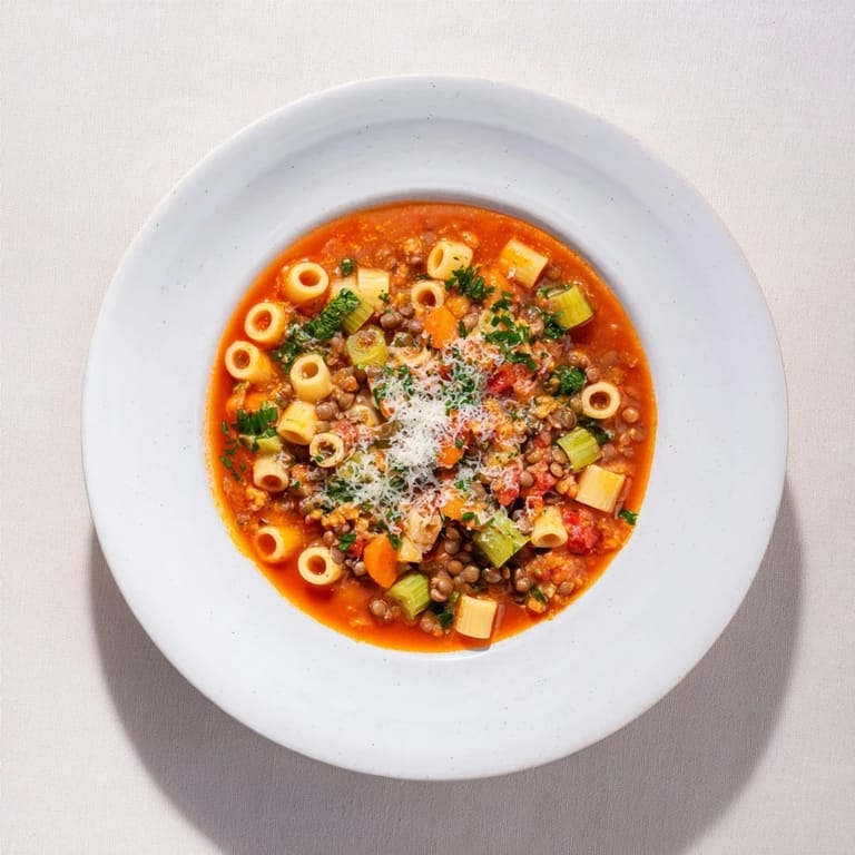 Enjoy a warm and comforting serving of homemade ditalini and hearty lentil soup.