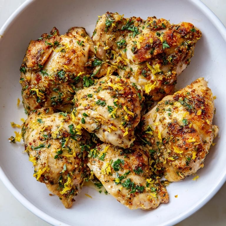 Savory Greek Lemon Herb Chicken, tender and juicy, with flecks of fresh herbs, cooked to perfection.