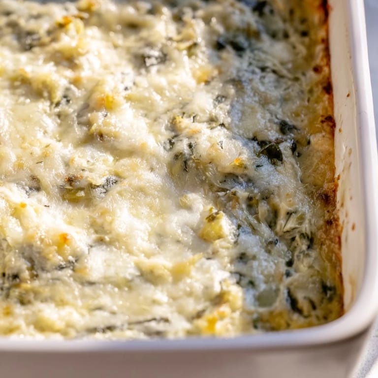 A close-up of a golden-brown cheesy spinach artichoke dip, ready to be scooped up.