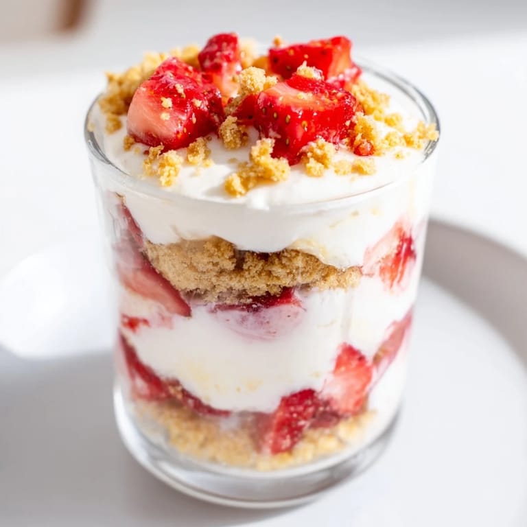 Creamy, layered Strawberry Cheesecake Parfait dessert, showcasing colorful strawberries and crunchy cookie crumble.