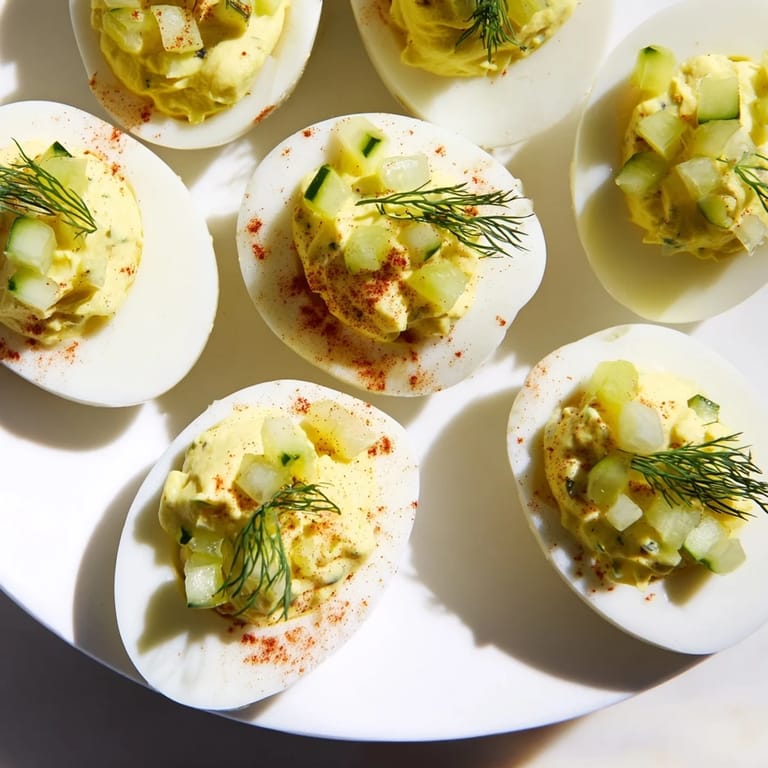 A close-up of delicious Dill Pickle Deviled Eggs, showing the vibrant filling and garnish.