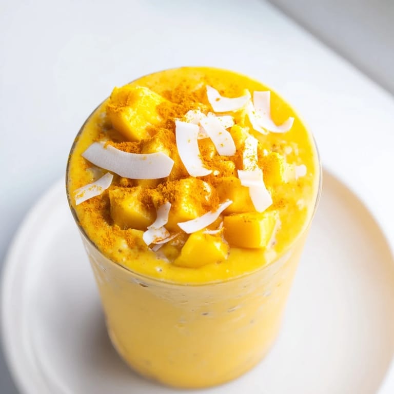 A refreshing Mango Turmeric Smoothie garnished with mango slices, perfect for a sunny day's wellness.