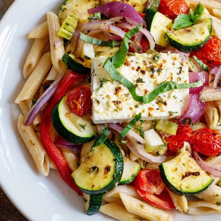A close-up of baked feta pasta, highlighting the melted cheese and colorful roasted tomatoes.