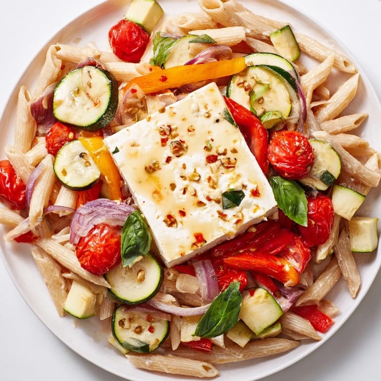 Flavorful whole-grain pasta coated in a vibrant, cheesy sauce, this baked feta pasta is perfect.