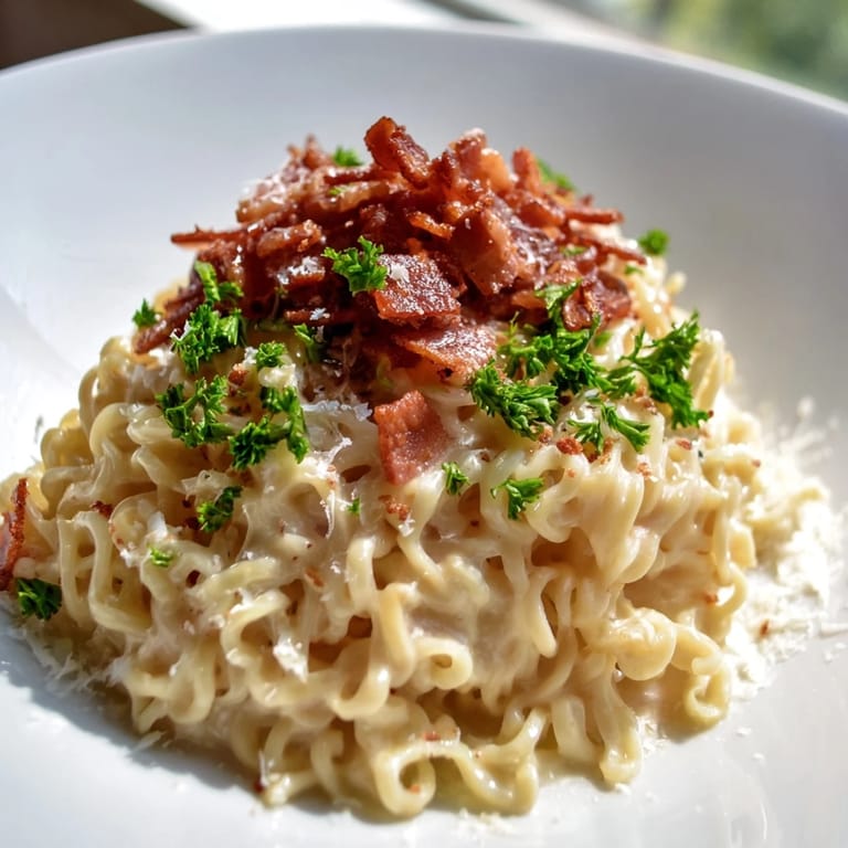 Silky noodles in our Ramen Carbonara Hack topped with fresh parsley and crispy bacon bits.