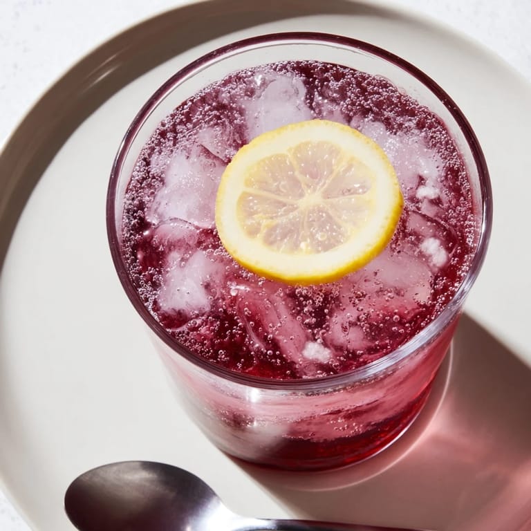 Close-up of a bubbly Sleepy Girl Mocktail, showcasing the tart cherry juice and ice cubes inside a glass.