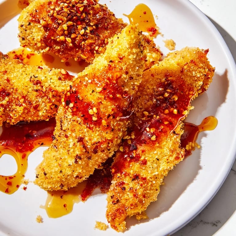 Close-up of freshly cooked crispy panko chicken tenders, glistening with flavorful hot honey.