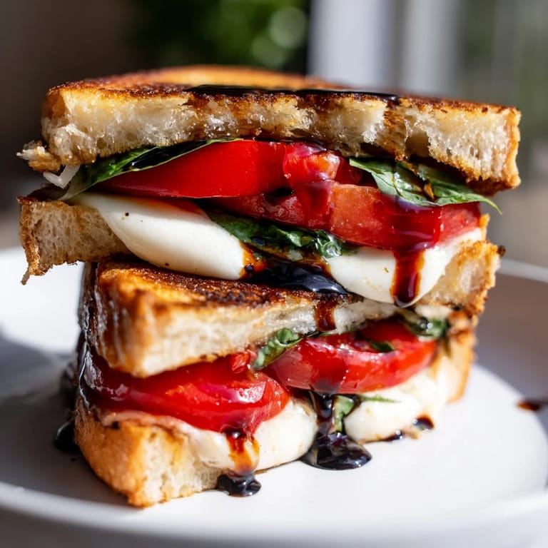 A close-up of a perfectly grilled Caprese Salad Grilled Cheese, oozing cheese and herbs.