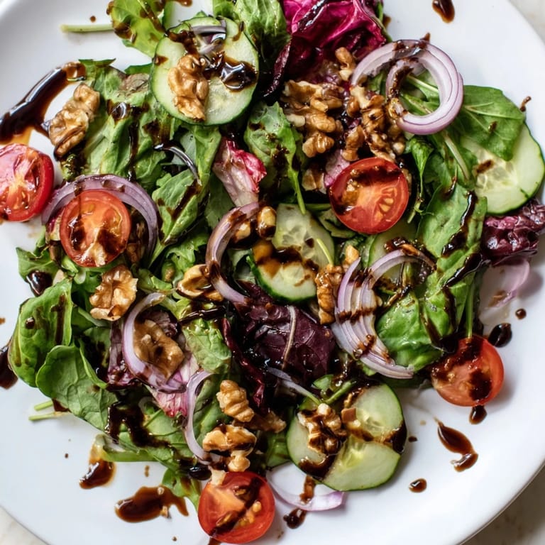Vibrant and colorful Quick Balsamic Vinegar Salad, showcasing juicy cherry tomatoes and a rich, dark balsamic glaze drizzled over greens.