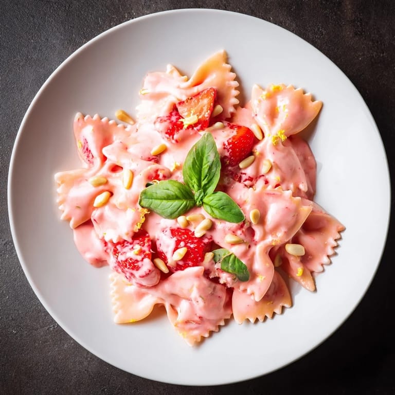 Vibrant image of Strawberry Sour Cream Pasta, garnished with fresh basil, ready for tasting.