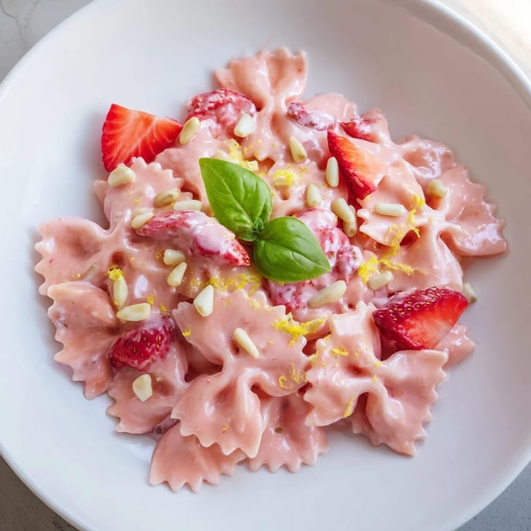 Delectable bowl of Strawberry Sour Cream Pasta, showcasing sweet strawberries and creamy sour cream.