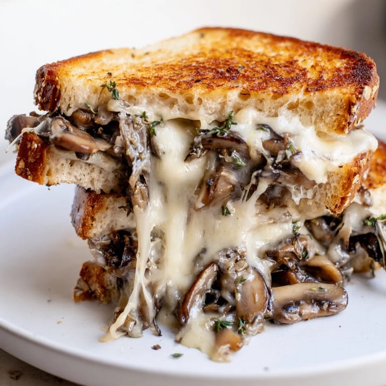 Golden, crispy Creamy Mushroom Grilled Cheese, showing the rich mushroom filling oozing from the bread's edges.