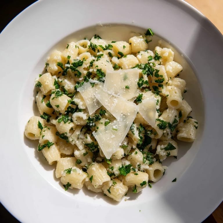 A bowl of delicious ditalini pasta, creamy garlic and Parmesan cheese, ready to be enjoyed.