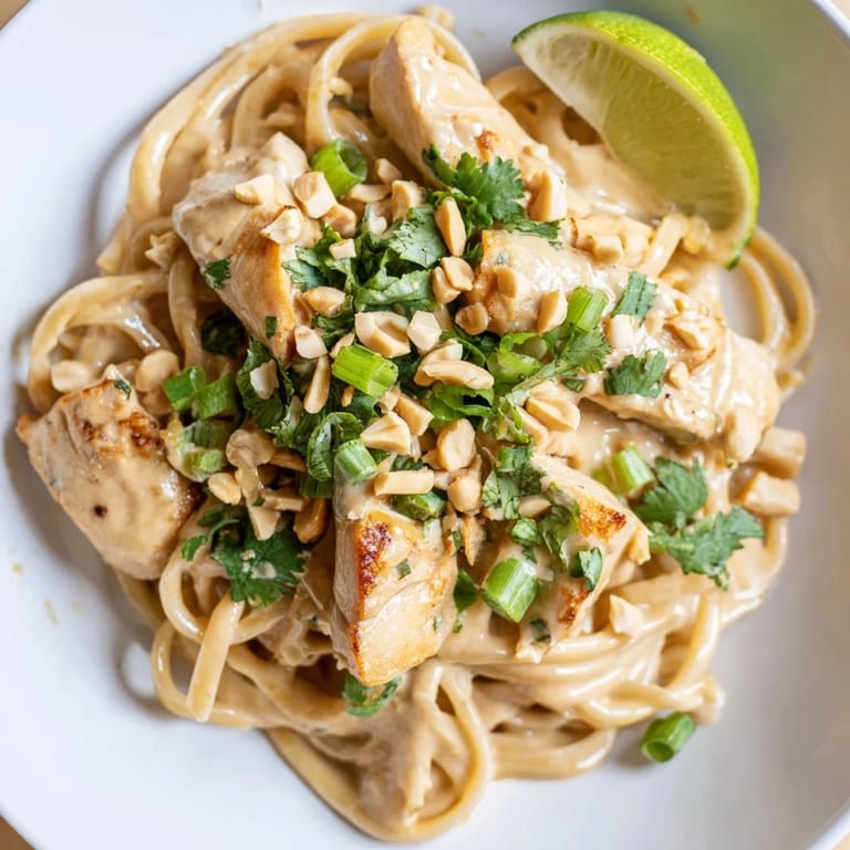 Savory Thai peanut chicken pasta with tender chicken, ready for a satisfying weeknight dinner.