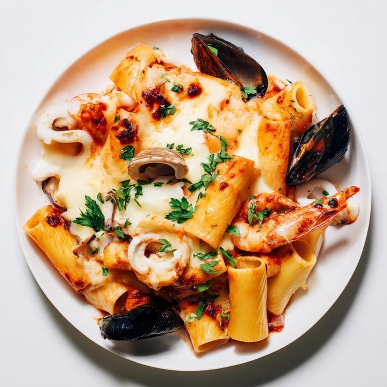 Creamy Seafood Pasta Bake with tender seafood and a rich tomato sauce, ready to serve.