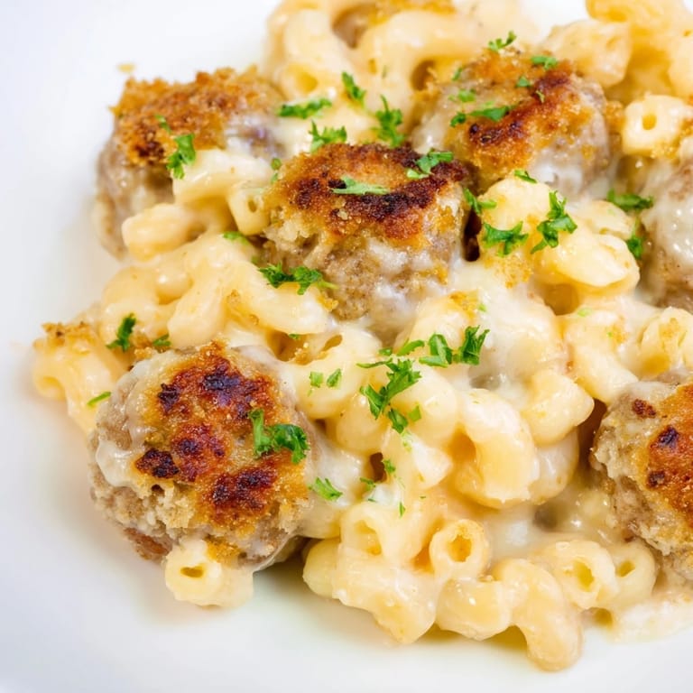A close-up of a deliciously cheesy Mac & Cheese Meatball Bake, topped with breadcrumbs, ready for eating.