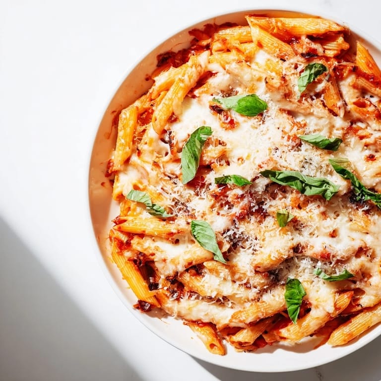 Tender penne pasta in a spicy tomato sauce, a beautiful Baked Penne Arrabbiata, ready to eat.