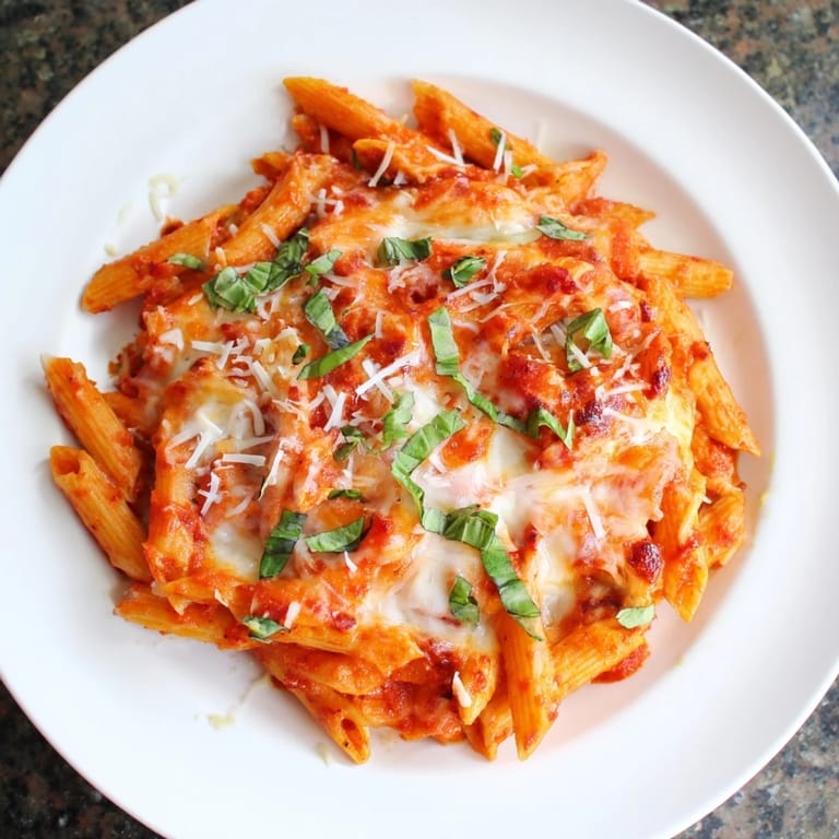 Imagine the aroma: a steaming serving of Baked Penne Arrabbiata, topped with melted Parmesan cheese.