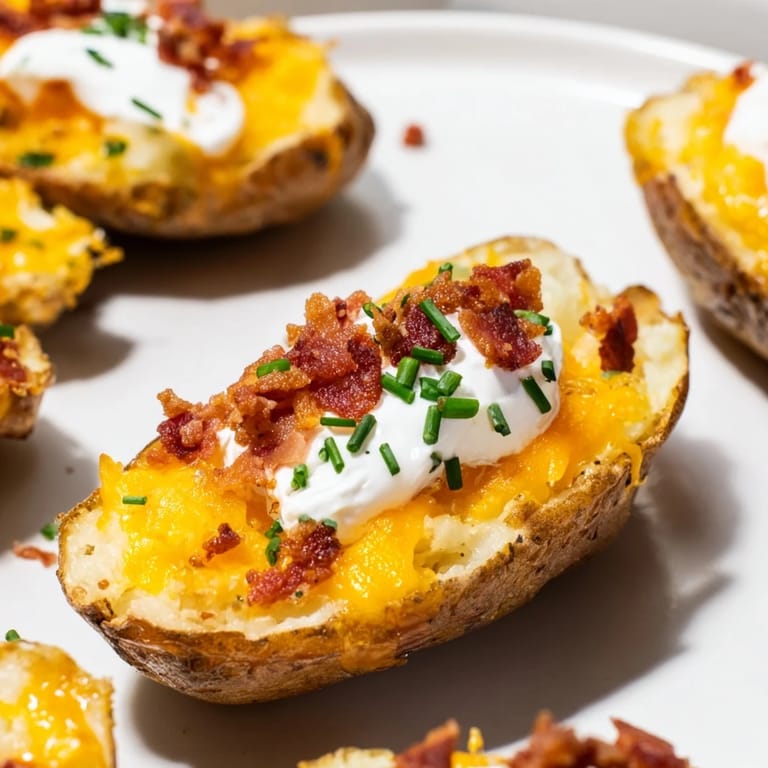 Close-up of loaded baked potato skins, featuring bubbly cheese and a sprinkle of fresh chives.