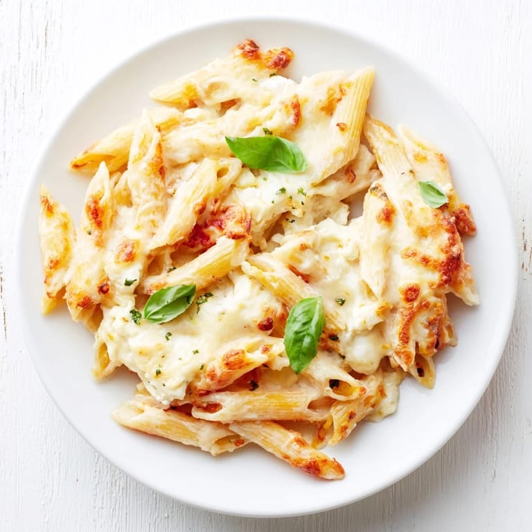 Steaming hot Four Cheese Baked Pasta with a crusty cheese topping, perfect for a cozy dinner.
