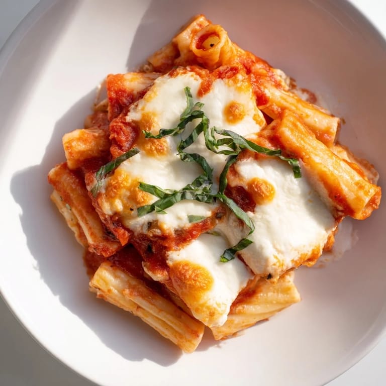A close-up of cheesy baked ziti showing melted mozzarella and perfectly cooked pasta, ready to serve.