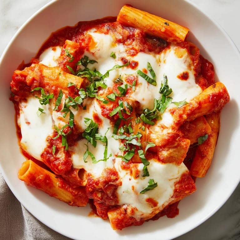 Hearty and flavorful cheesy baked ziti with layers of cheese and sauce, perfect for a family meal.