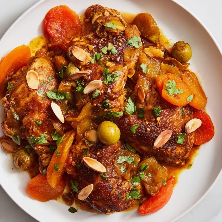 Golden skin-on chicken thighs simmer in a flavorful Moroccan Tagine dish with couscous.