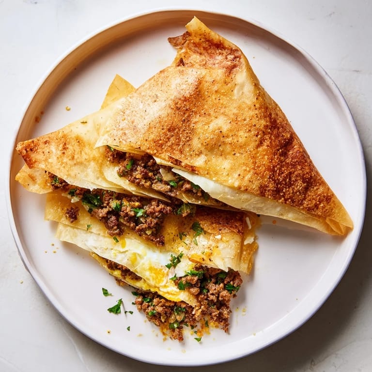 Close-up of a delicious and homemade Tunisian Brik, served hot with a golden crust.