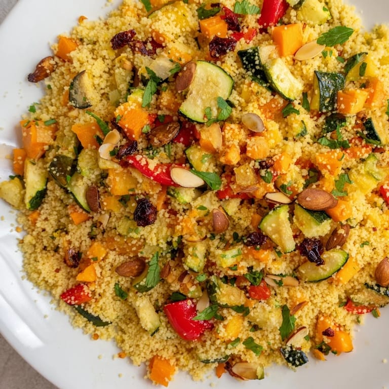 Freshly tossed Moroccan Couscous Salad, a colorful vegetarian dish combining juicy vegetables and bright flavors.