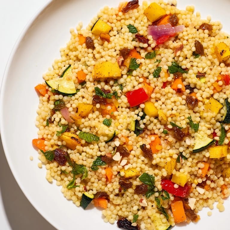 A close-up of a vibrant Moroccan Couscous Salad, showcasing toasted almonds and an array of fresh ingredients.