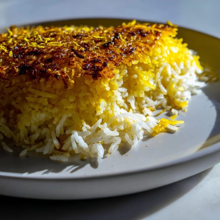 Imagine the amazing texture of crispy Tahdig rice, a traditional Persian rice dish, freshly plated and ready.