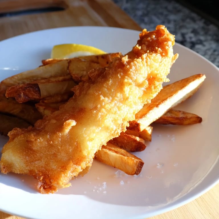 Close-up of freshly fried British fish & chips; the flaky cod covered in a golden, crunchy batter, steaming.