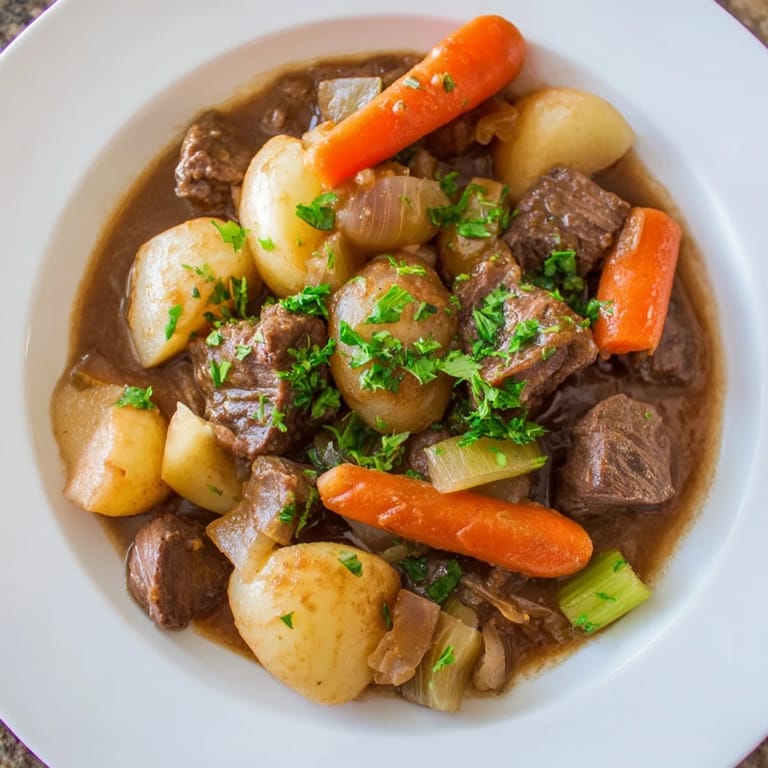 Hearty Irish beef stew, the browned beef and root vegetables simmer slowly in flavorful broth.