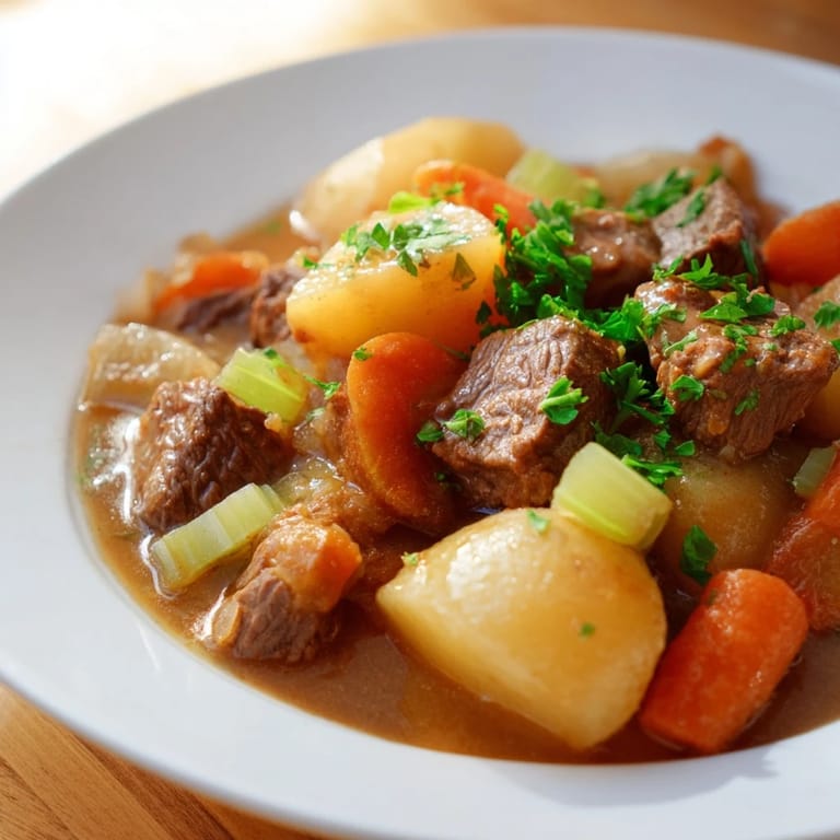 Fork-tender pieces of beef and potatoes in delicious gravy, a comforting Irish beef stew.