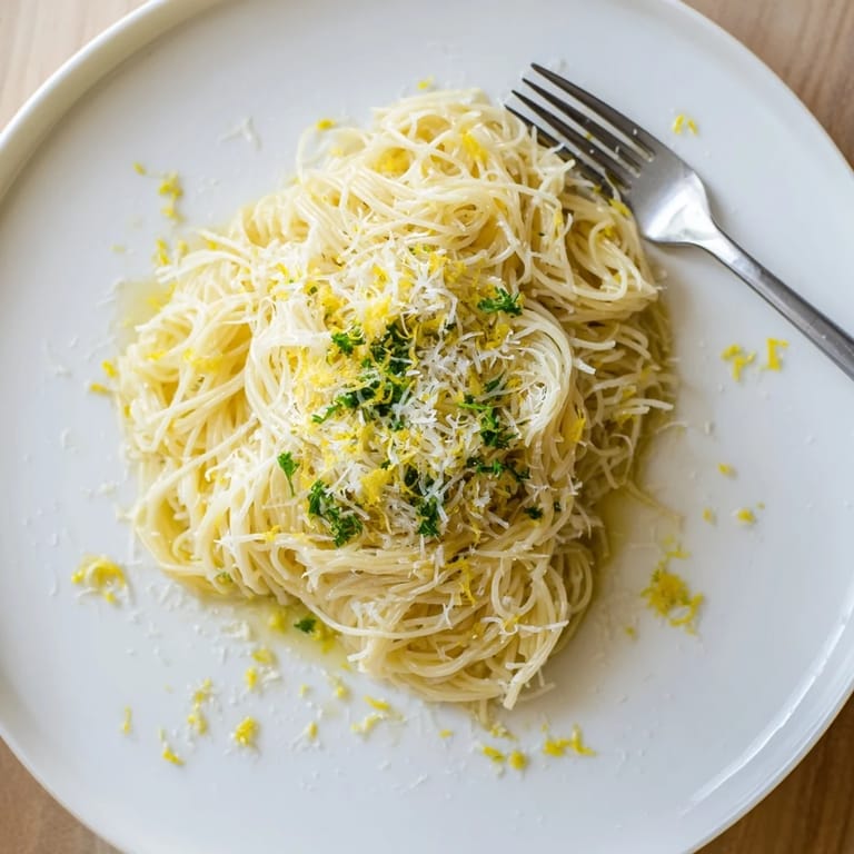 A close-up of a fork lifting silky lemon butter pasta, with extra parsley and lemon zest for a zesty finish.