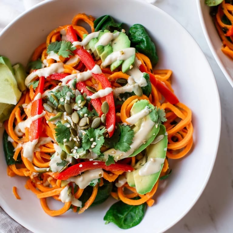 A close-up of the Carrot Noodle Skincare Bowl with toasted sesame and pumpkin seeds, showcasing vibrant colors and textures for a fresh, healthy vegan lunch.