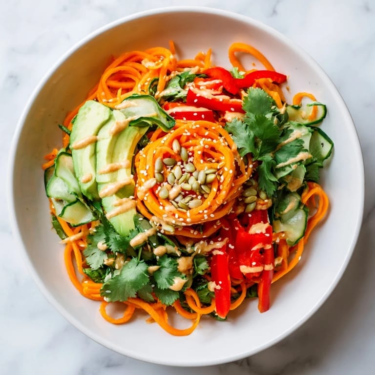 A nourishing Carrot Noodle Skincare Bowl featuring raw spiralized carrots, fresh vegetables, and creamy tahini-lime dressing, finished with seeds for a satisfying crunch.