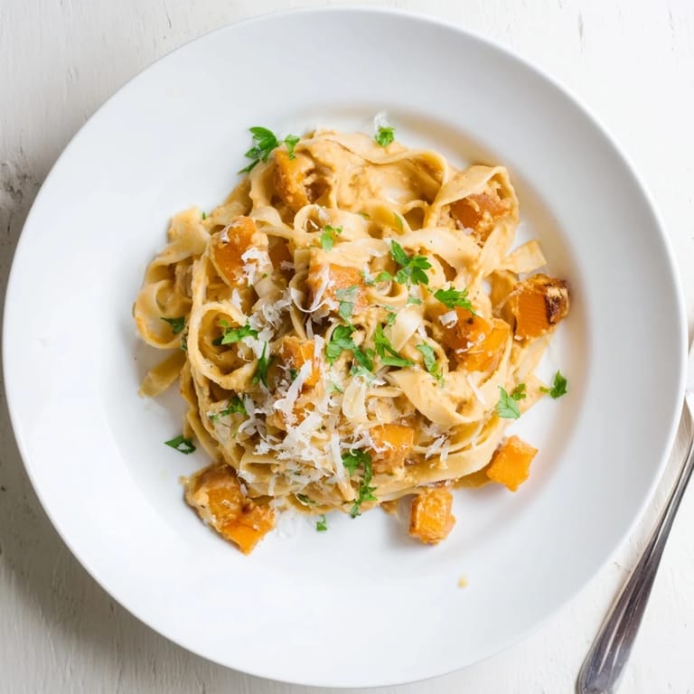 Hearty butternut squash pasta tossed in creamy sauce, topped with grated Parmesan and sage.
