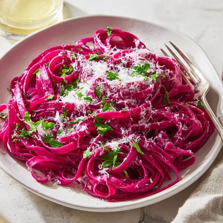 Rolled beet noodle pasta dough with vibrant pink edges, shown with a rolling pin nearby.  