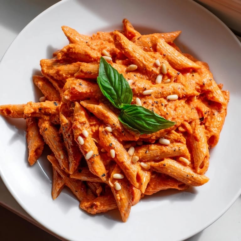 A warm bowl of Sun-Dried Tomato Pesto Pasta served alongside a crisp green salad and a glass of white wine.