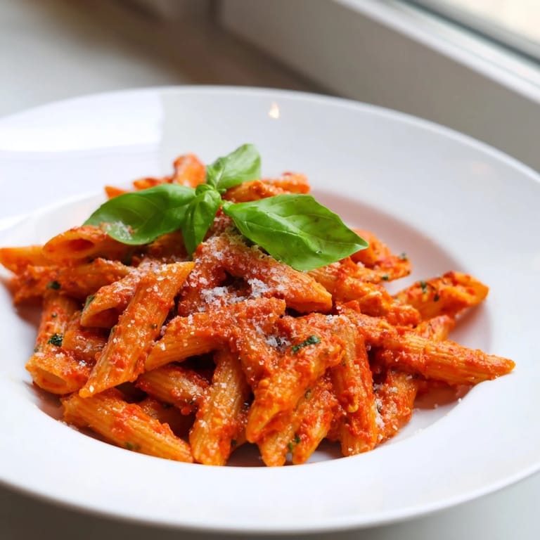 Hearty Sun-Dried Tomato Pesto Pasta tossed with fusilli, topped with toasted pine nuts and vibrant red sun-dried tomatoes.