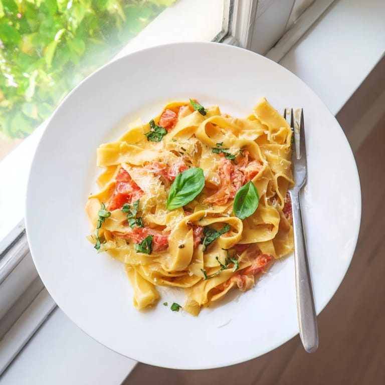 Close-up of Roasted Garlic Pasta Sauce coating pasta strands, a rustic Italian-inspired meal ready to serve.