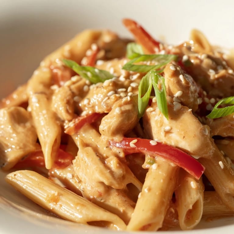 Bright, glossy noodles of Sweet Chili Chicken Pasta garnished with green onions and sesame seeds, ready for a hearty dinner.
