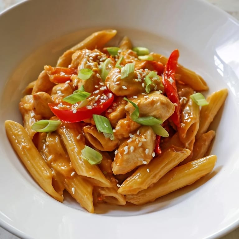 Forkful of tender Sweet Chili Chicken Pasta, featuring al dente noodles coated in sweet, spicy cream sauce with vibrant peppers.