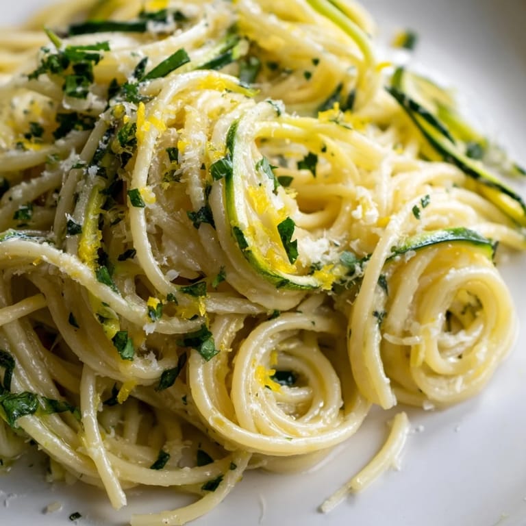 Steaming plate of lemon zucchini pasta, a fresh and quick vegetarian main dish topped with extra cheese.