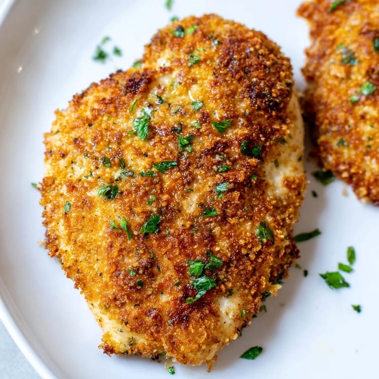 Juicy, gluten-free chicken coated in a savory garlic butter and Parmesan crust, served on a white plate.  
