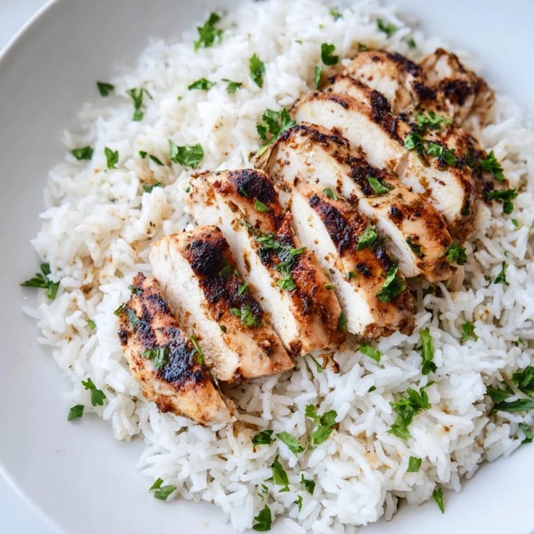 Garlic butter rice with chicken served in a white bowl, steam rising from the fluffy grains.